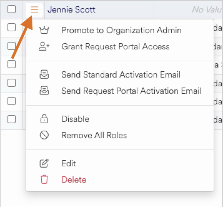 Menu options for user management including promote, grant access, and delete actions.